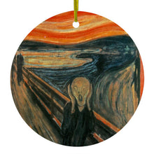 DistinctInk® Hanging Ceramic Christmas Tree Ornament with Gold String - Great Gift / Present - 2 3/4 inch Diameter - Edvard Munch The Scream