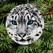 DistinctInk® Hanging Ceramic Christmas Tree Ornament with Gold String - Great Gift / Present - 2 3/4 inch Diameter - Snow Leopard Blue Eyes