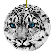 DistinctInk® Hanging Ceramic Christmas Tree Ornament with Gold String - Great Gift / Present - 2 3/4 inch Diameter - Snow Leopard Blue Eyes