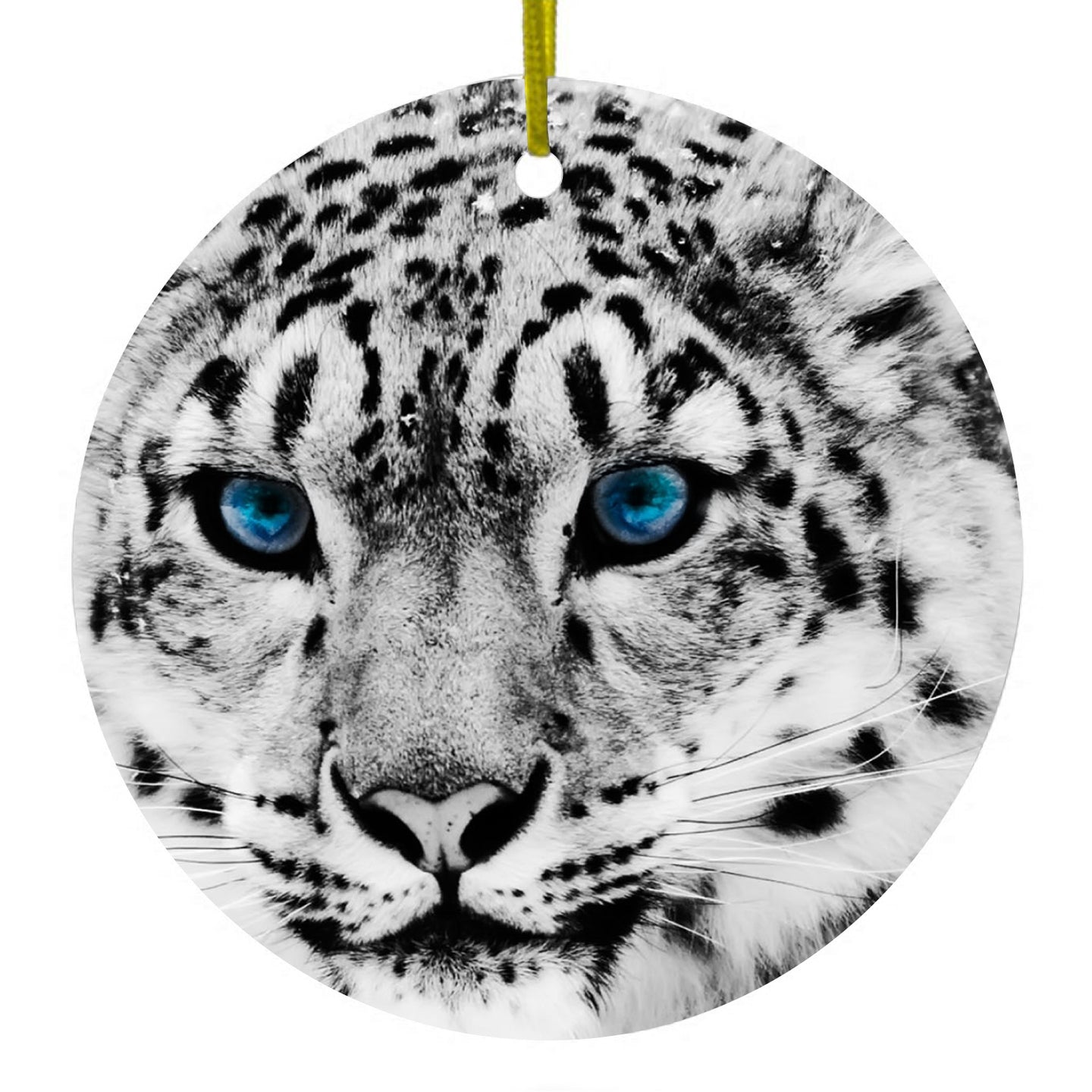 DistinctInk® Hanging Ceramic Christmas Tree Ornament with Gold String - Great Gift / Present - 2 3/4 inch Diameter - Snow Leopard Blue Eyes