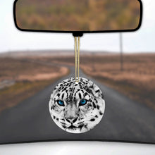 DistinctInk® Hanging Ceramic Christmas Tree Ornament with Gold String - Great Gift / Present - 2 3/4 inch Diameter - Snow Leopard Blue Eyes