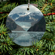 DistinctInk® Hanging Ceramic Christmas Tree Ornament with Gold String - Great Gift / Present - 2 3/4 inch Diameter - Tracy Arm Fjord Alaska