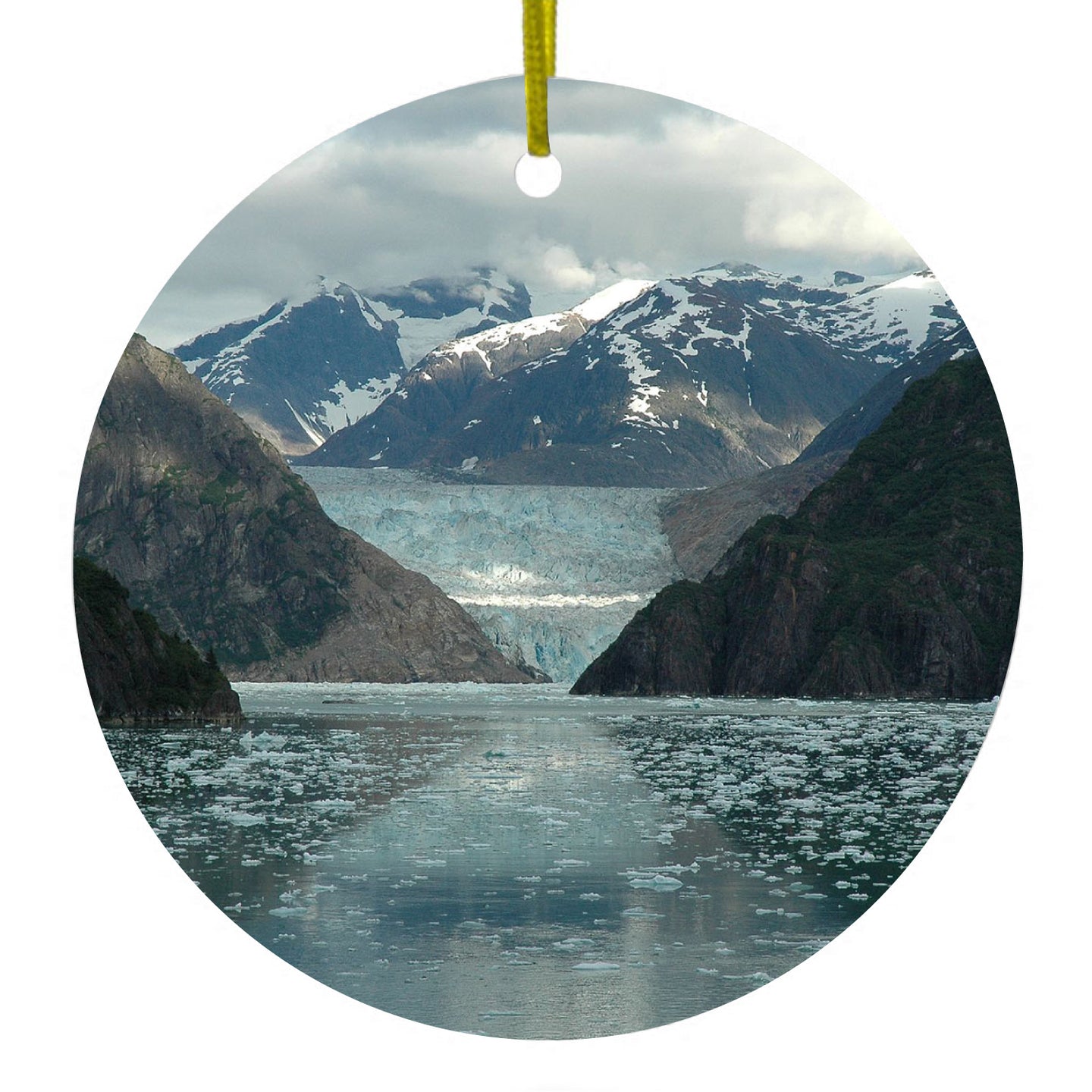 DistinctInk® Hanging Ceramic Christmas Tree Ornament with Gold String - Great Gift / Present - 2 3/4 inch Diameter - Tracy Arm Fjord Alaska