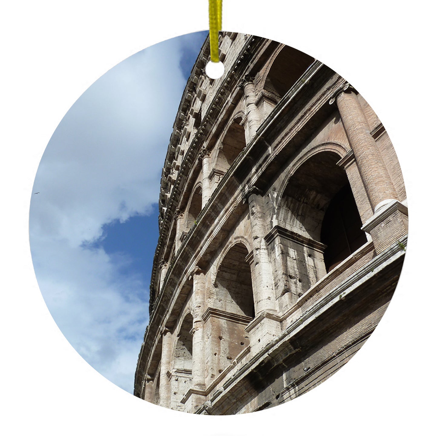 DistinctInk® Hanging Ceramic Christmas Tree Ornament with Gold String - Great Gift / Present - 2 3/4 inch Diameter - Roman Colosseum Rome