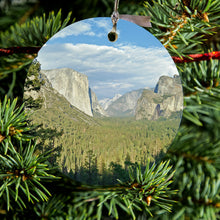 DistinctInk® Hanging Ceramic Christmas Tree Ornament with Gold String - Great Gift / Present - 2 3/4 inch Diameter - Yosemite Tunnel View
