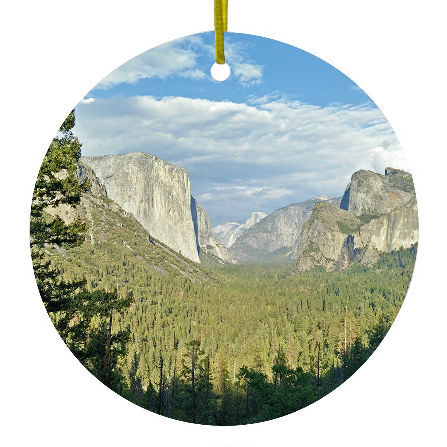 DistinctInk® Hanging Ceramic Christmas Tree Ornament with Gold String - Great Gift / Present - 2 3/4 inch Diameter - Yosemite Tunnel View