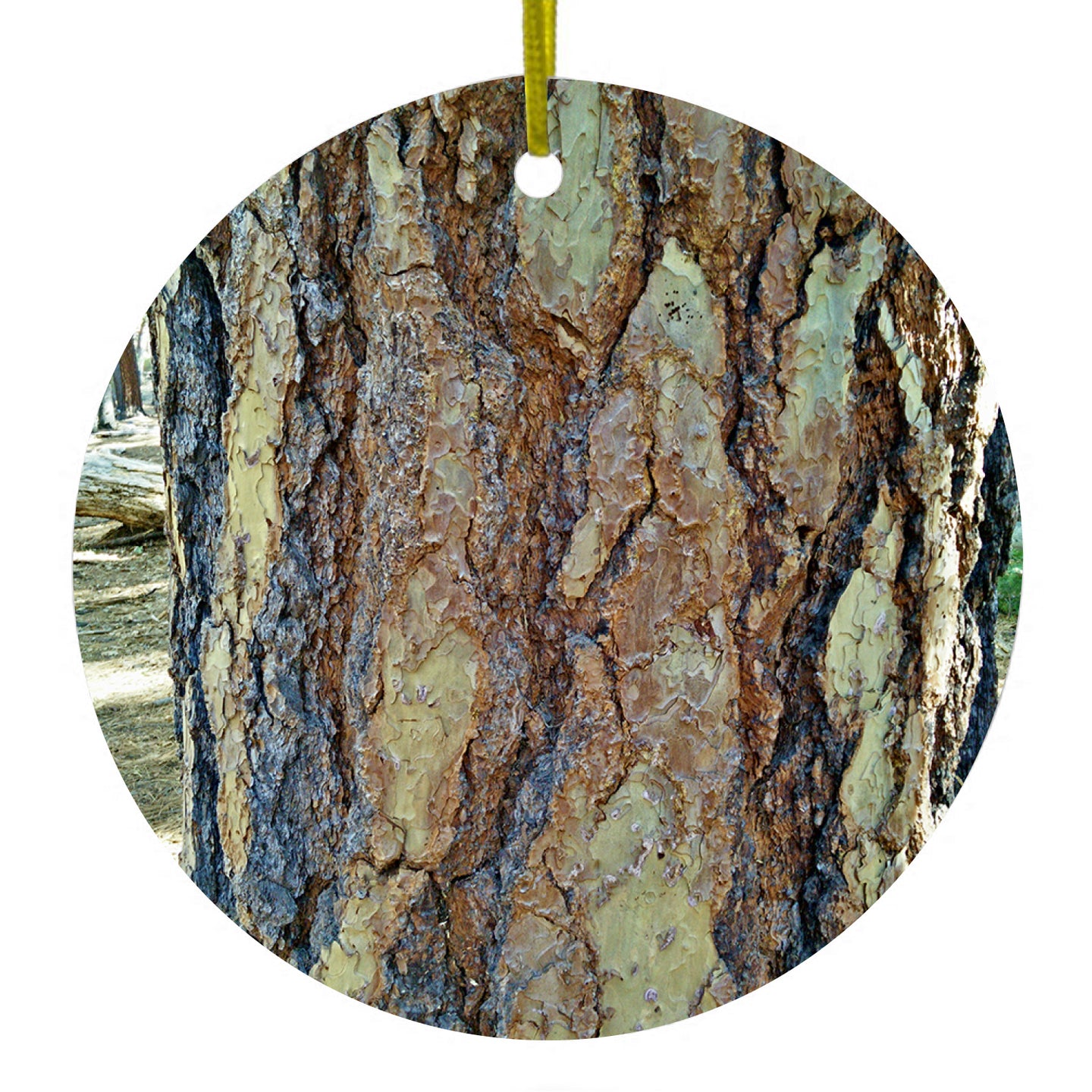 DistinctInk® Hanging Ceramic Christmas Tree Ornament with Gold String - Great Gift / Present - 2 3/4 inch Diameter - Yosemite Redwood Bark