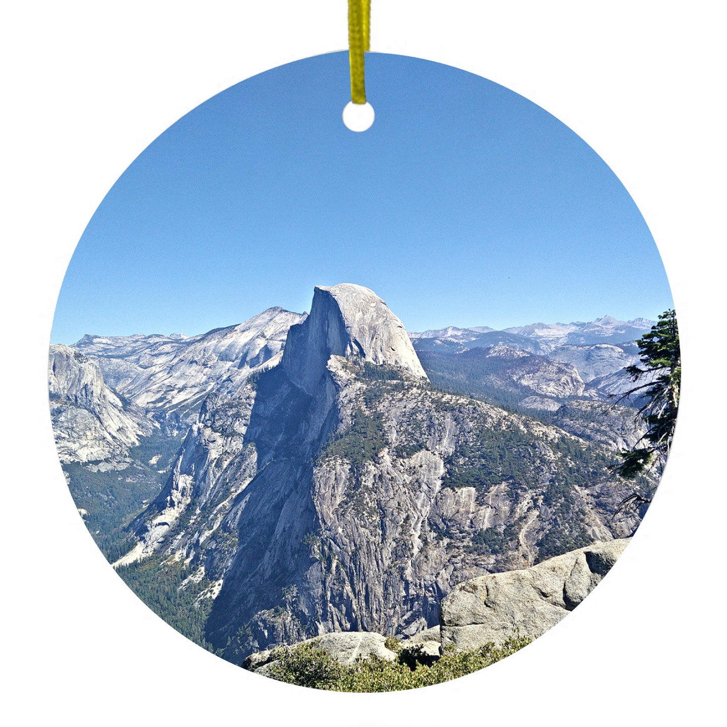 DistinctInk® Hanging Ceramic Christmas Tree Ornament with Gold String - Great Gift / Present - 2 3/4 inch Diameter - Yosemite Half Dome