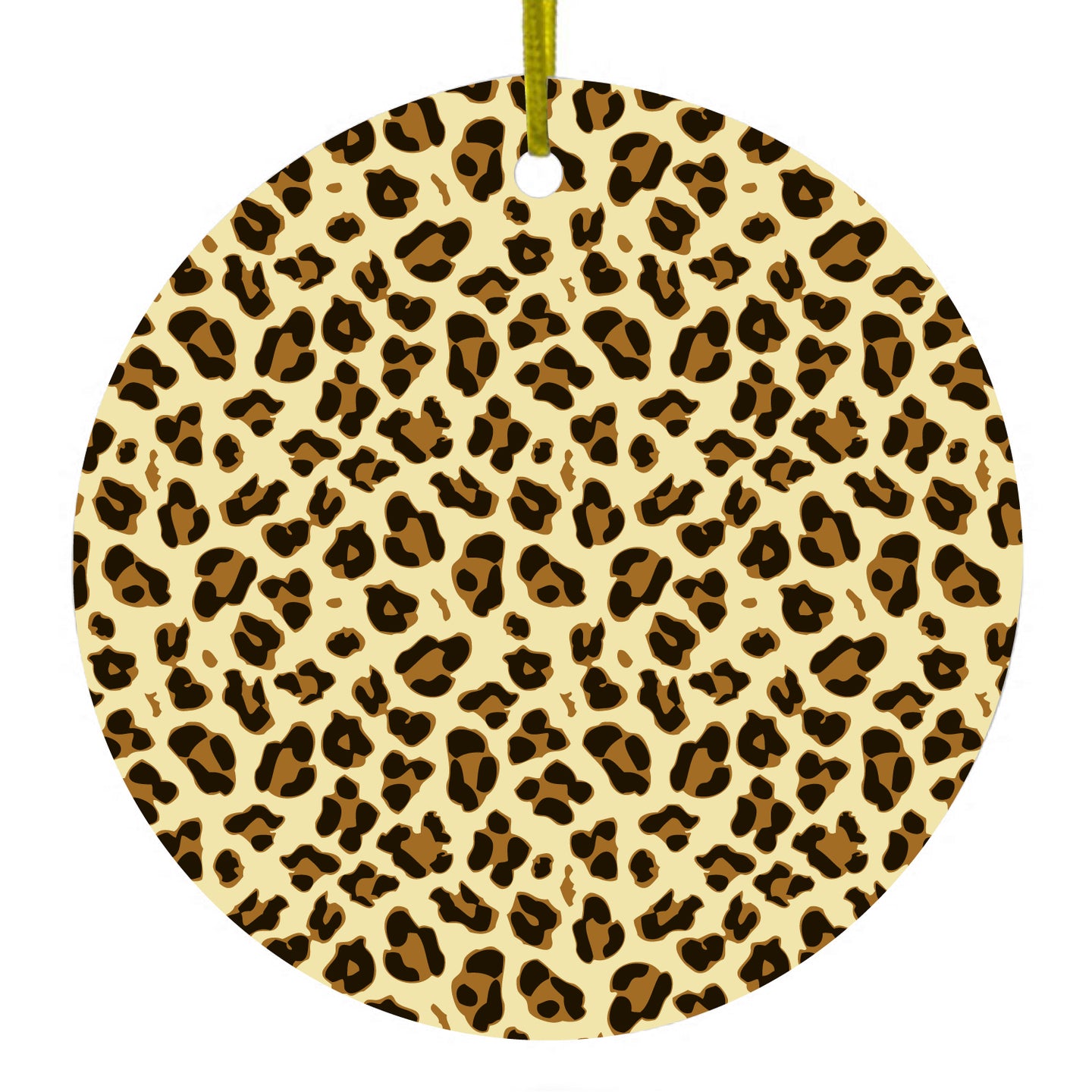 DistinctInk® Hanging Ceramic Christmas Tree Ornament with Gold String - Great Gift / Present - 2 3/4 inch Diameter - Black Beige Tan Leopard Skin Spots