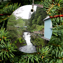 DistinctInk® Hanging Ceramic Christmas Tree Ornament with Gold String - Great Gift / Present - 2 3/4 inch Diameter - Ketchikan Alaska Stream