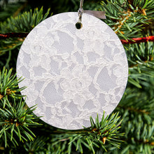 DistinctInk® Hanging Ceramic Christmas Tree Ornament with Gold String - Great Gift / Present - 2 3/4 inch Diameter - White Lace Wedding