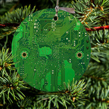 DistinctInk® Hanging Ceramic Christmas Tree Ornament with Gold String - Great Gift / Present - 2 3/4 inch Diameter - Green Circuit Board Image