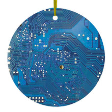DistinctInk® Hanging Ceramic Christmas Tree Ornament with Gold String - Great Gift / Present - 2 3/4 inch Diameter - Blue Circuit Board Image