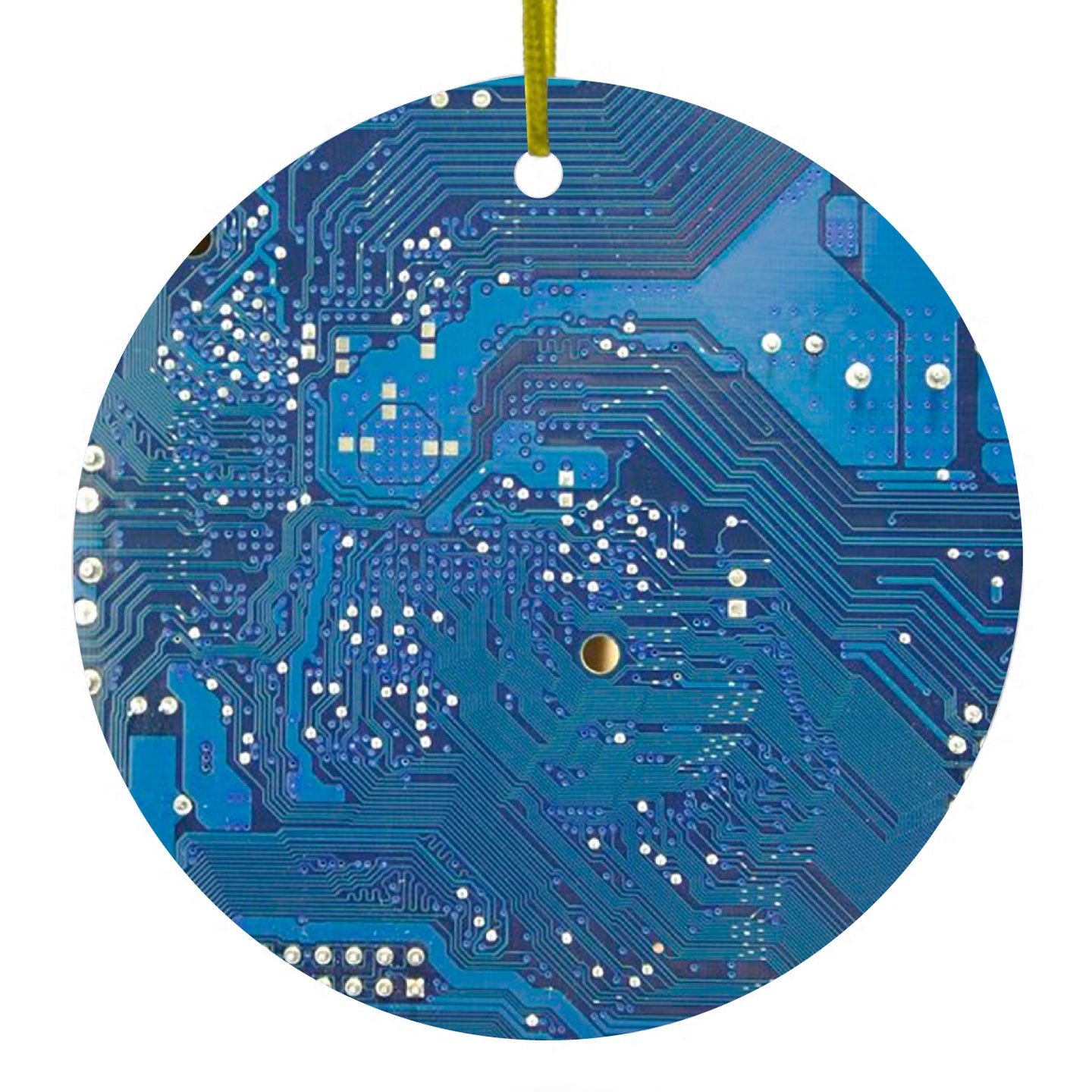DistinctInk® Hanging Ceramic Christmas Tree Ornament with Gold String - Great Gift / Present - 2 3/4 inch Diameter - Blue Circuit Board Image