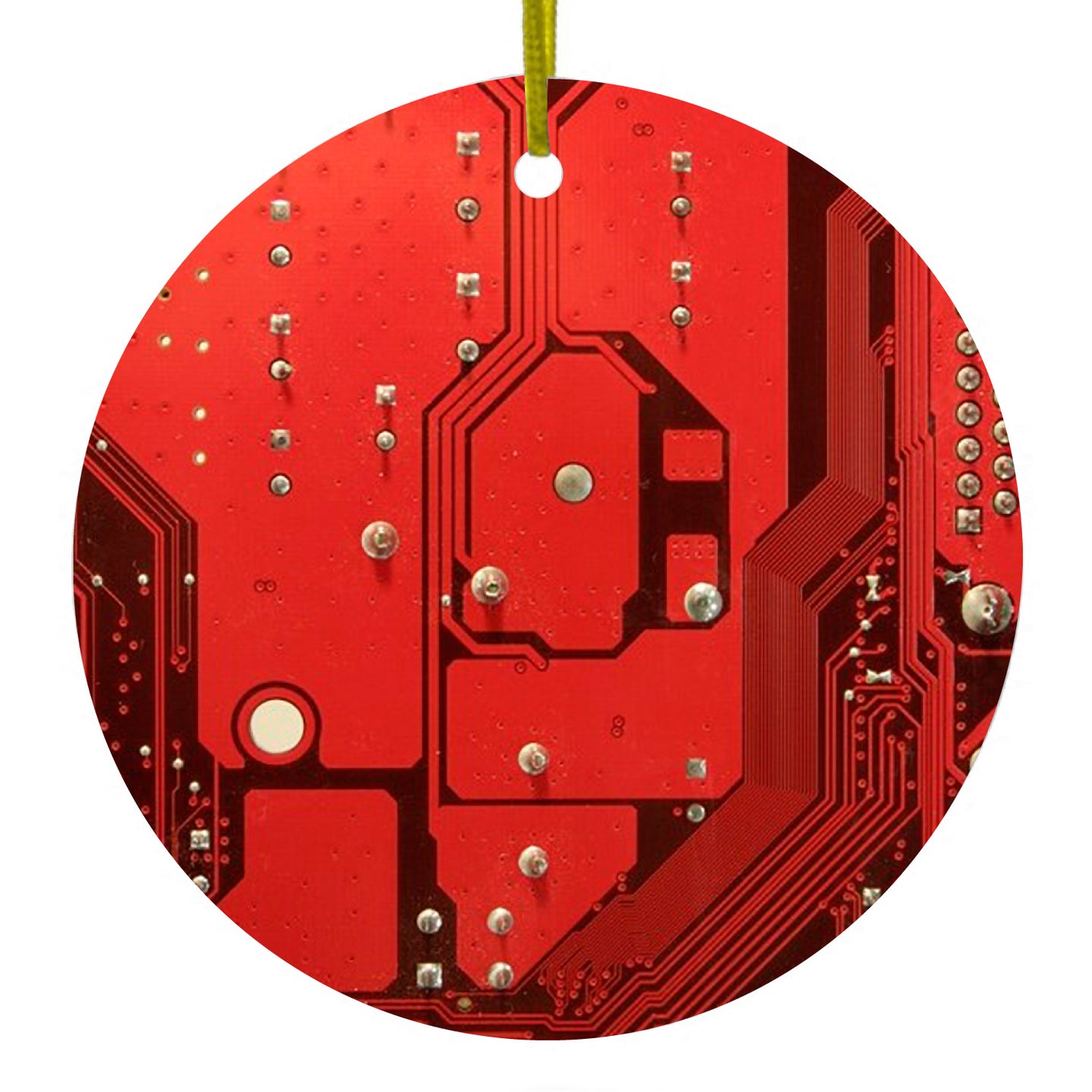 DistinctInk® Hanging Ceramic Christmas Tree Ornament with Gold String - Great Gift / Present - 2 3/4 inch Diameter - Red Circuit Board Image