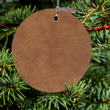 DistinctInk® Hanging Ceramic Christmas Tree Ornament with Gold String - Great Gift / Present - 2 3/4 inch Diameter - Dark Brown Faux Leather Print Design