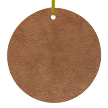 DistinctInk® Hanging Ceramic Christmas Tree Ornament with Gold String - Great Gift / Present - 2 3/4 inch Diameter - Dark Brown Faux Leather Print Design