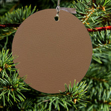 DistinctInk® Hanging Ceramic Christmas Tree Ornament with Gold String - Great Gift / Present - 2 3/4 inch Diameter - Brown Faux Leather Print Design