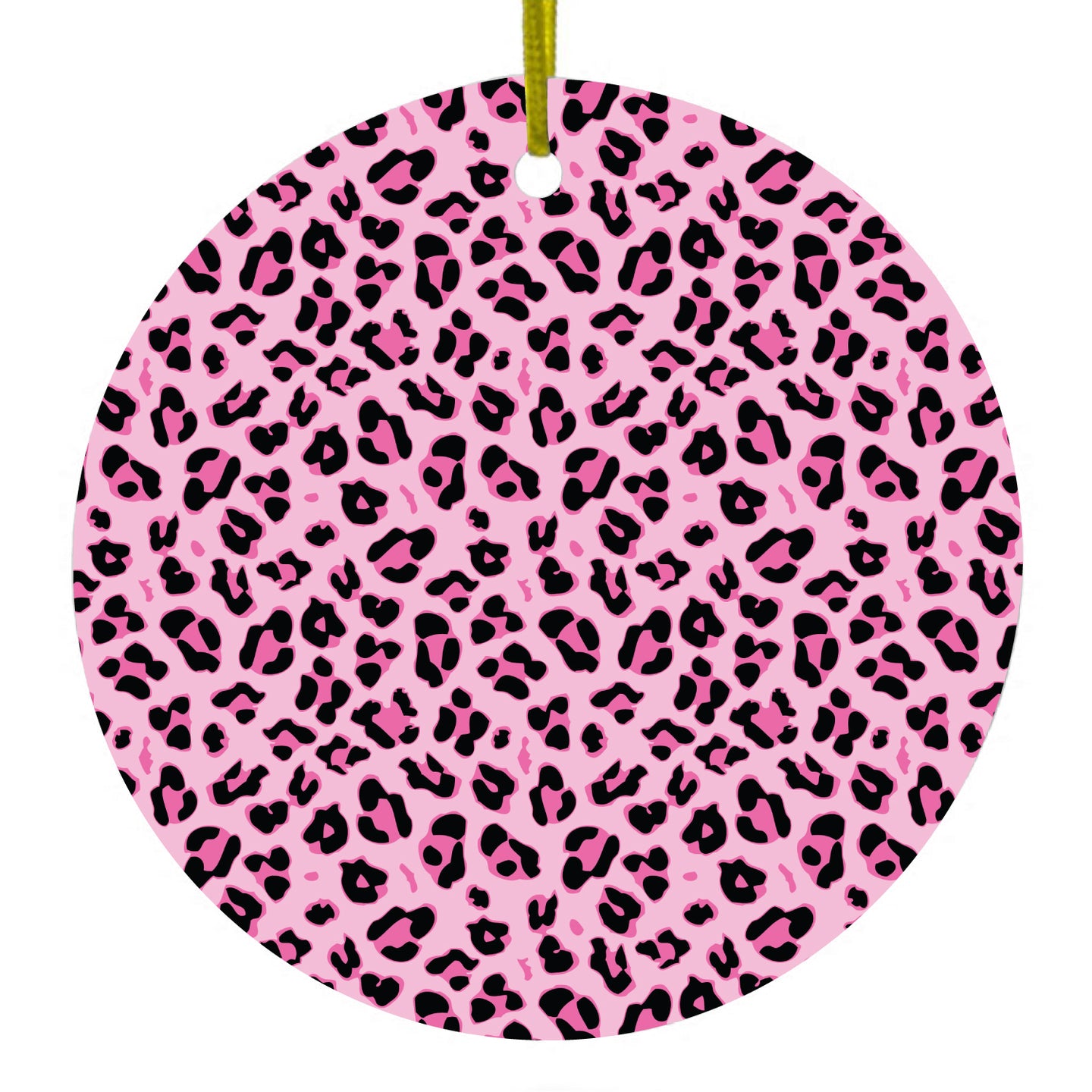 DistinctInk® Hanging Ceramic Christmas Tree Ornament with Gold String - Great Gift / Present - 2 3/4 inch Diameter - Black Pink Leopard Skin Spots