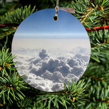 DistinctInk® Hanging Ceramic Christmas Tree Ornament with Gold String - Great Gift / Present - 2 3/4 inch Diameter - Blue Sky Above Clouds
