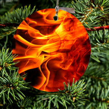 DistinctInk® Hanging Ceramic Christmas Tree Ornament with Gold String - Great Gift / Present - 2 3/4 inch Diameter - Red Black Flame Fire