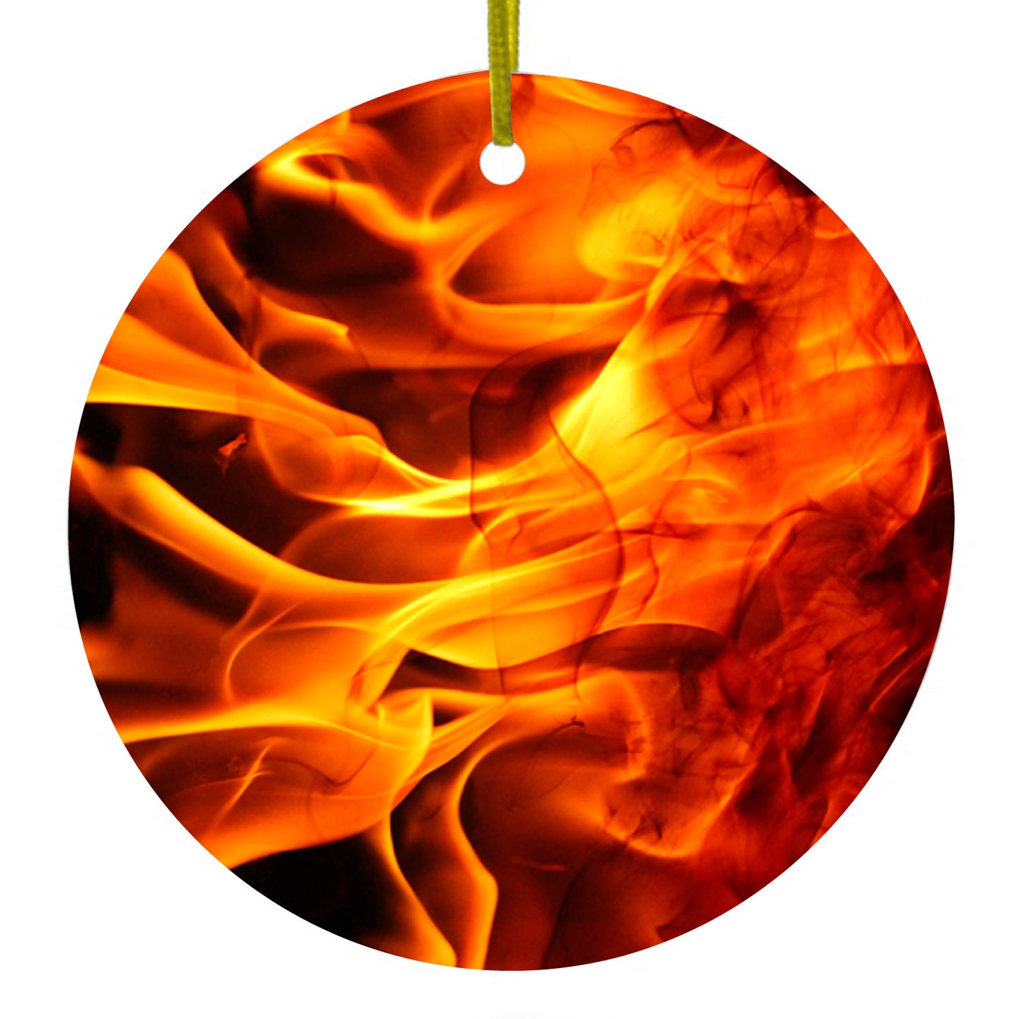 DistinctInk® Hanging Ceramic Christmas Tree Ornament with Gold String - Great Gift / Present - 2 3/4 inch Diameter - Red Black Flame Fire