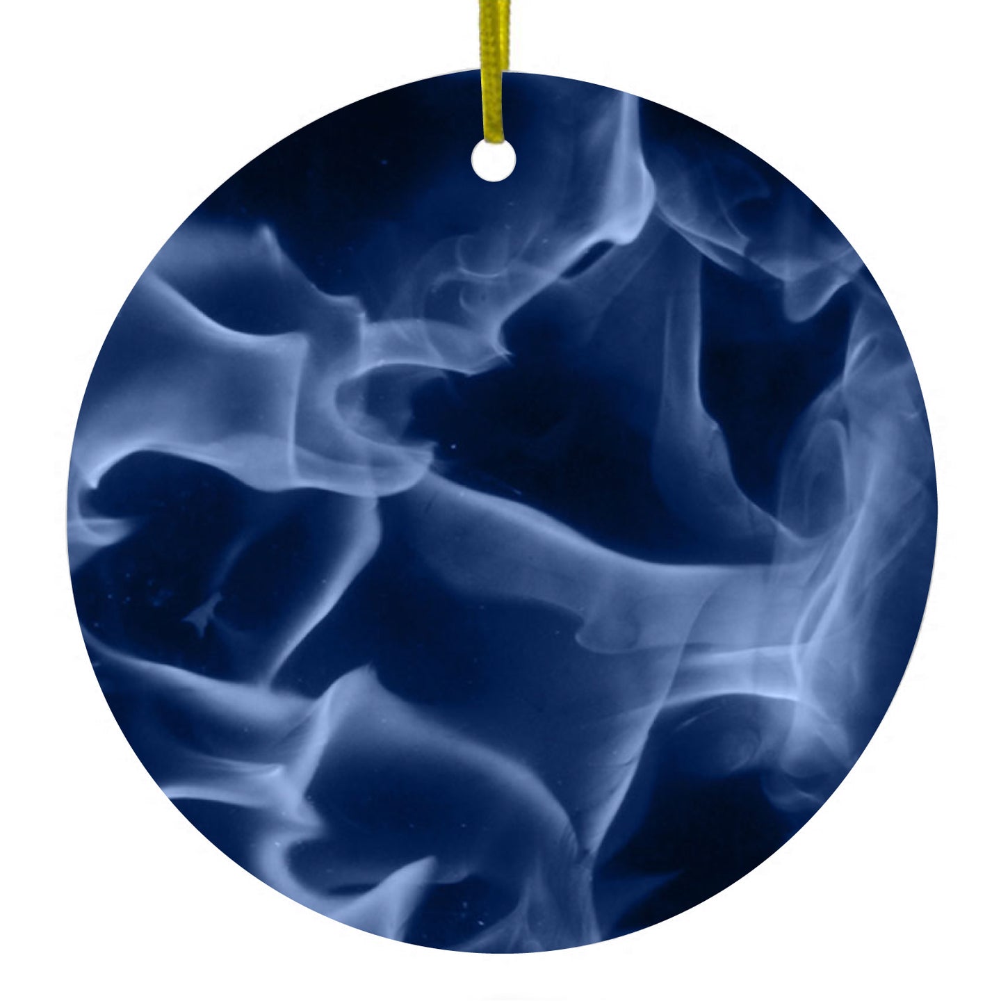 DistinctInk® Hanging Ceramic Christmas Tree Ornament with Gold String - Great Gift / Present - 2 3/4 inch Diameter - Blue Black Flame Fire