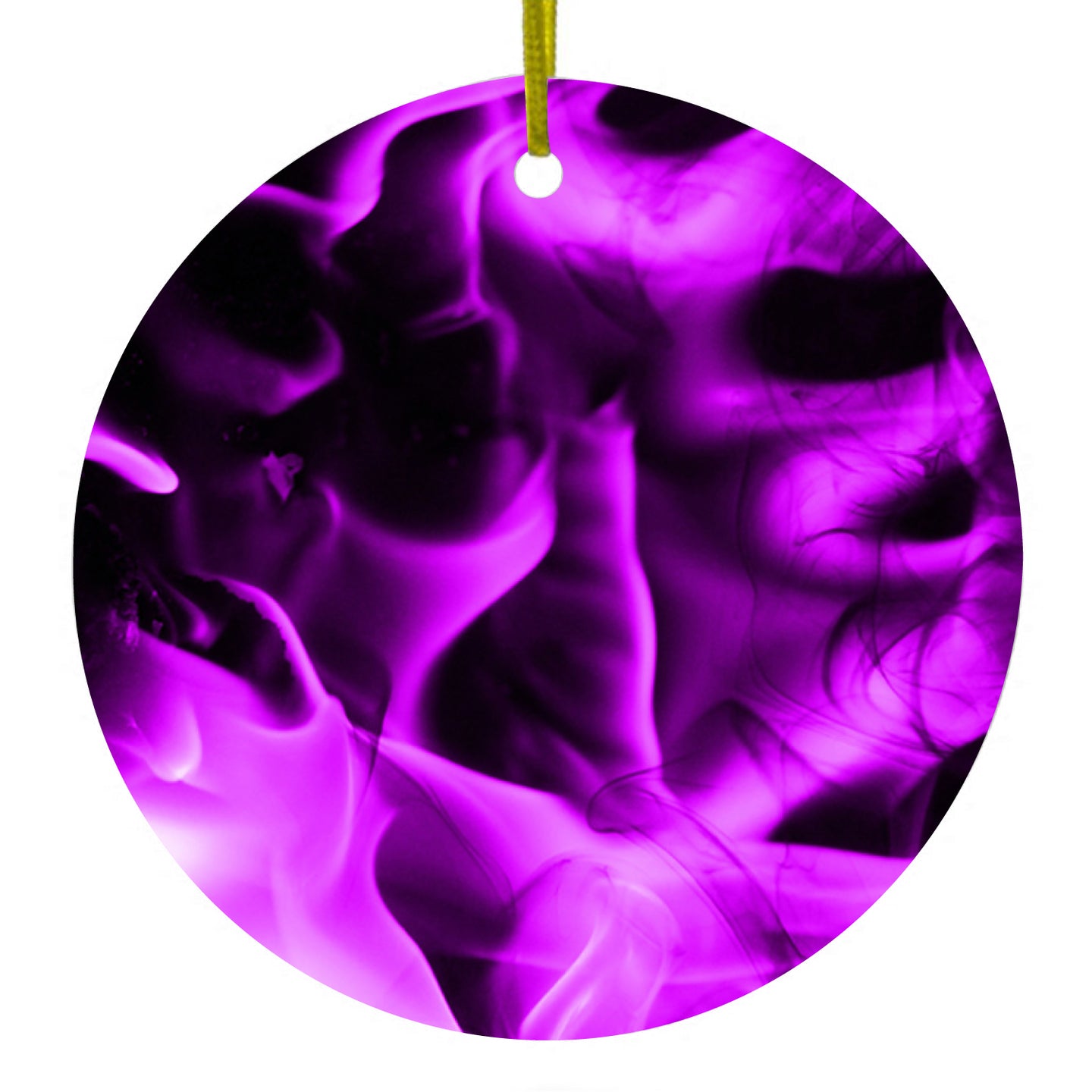 DistinctInk® Hanging Ceramic Christmas Tree Ornament with Gold String - Great Gift / Present - 2 3/4 inch Diameter - Violet Flame Fire