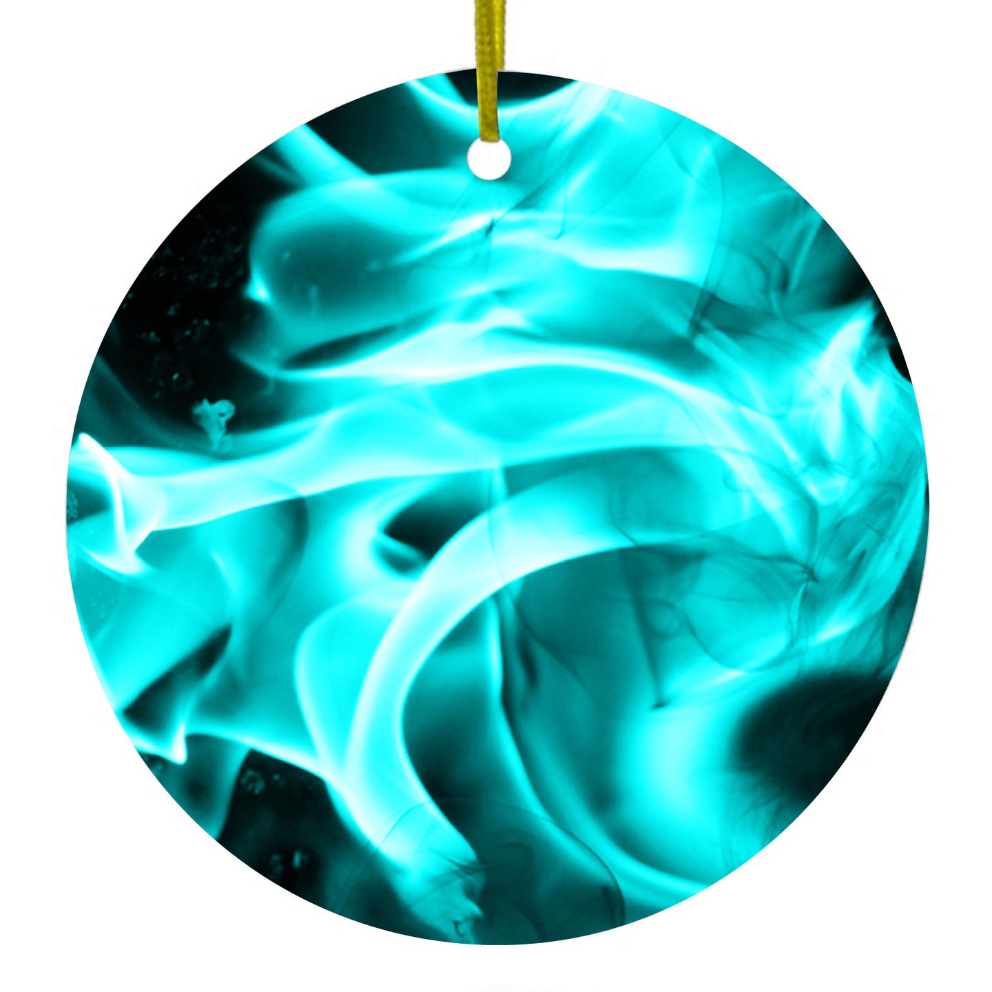 DistinctInk® Hanging Ceramic Christmas Tree Ornament with Gold String - Great Gift / Present - 2 3/4 inch Diameter - Teal Black Flame Fire