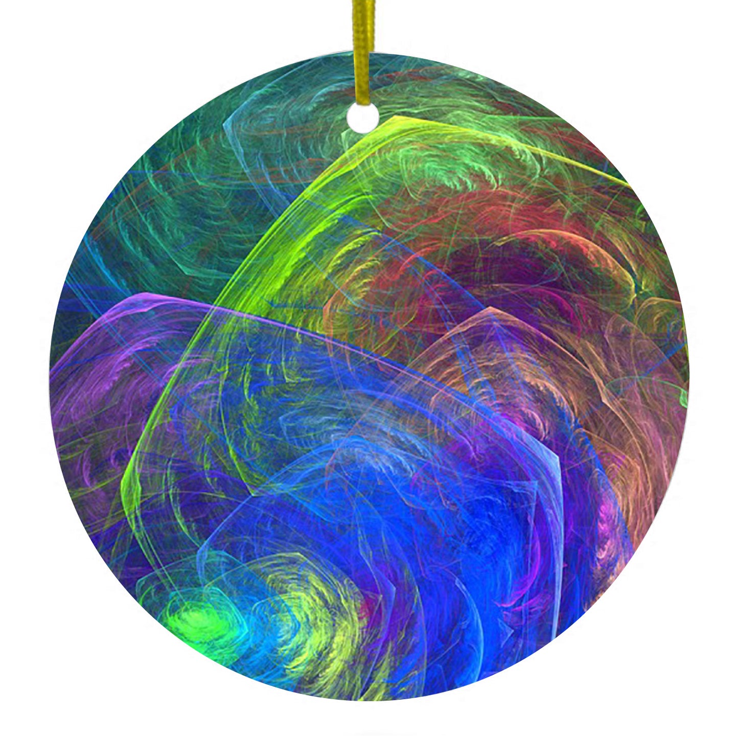 DistinctInk® Hanging Ceramic Christmas Tree Ornament with Gold String - Great Gift / Present - 2 3/4 inch Diameter - Abstract Color Light Swirl