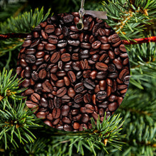 DistinctInk® Hanging Ceramic Christmas Tree Ornament with Gold String - Great Gift / Present - 2 3/4 inch Diameter - Dark Brown Coffee Beans
