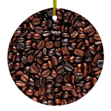 DistinctInk® Hanging Ceramic Christmas Tree Ornament with Gold String - Great Gift / Present - 2 3/4 inch Diameter - Dark Brown Coffee Beans