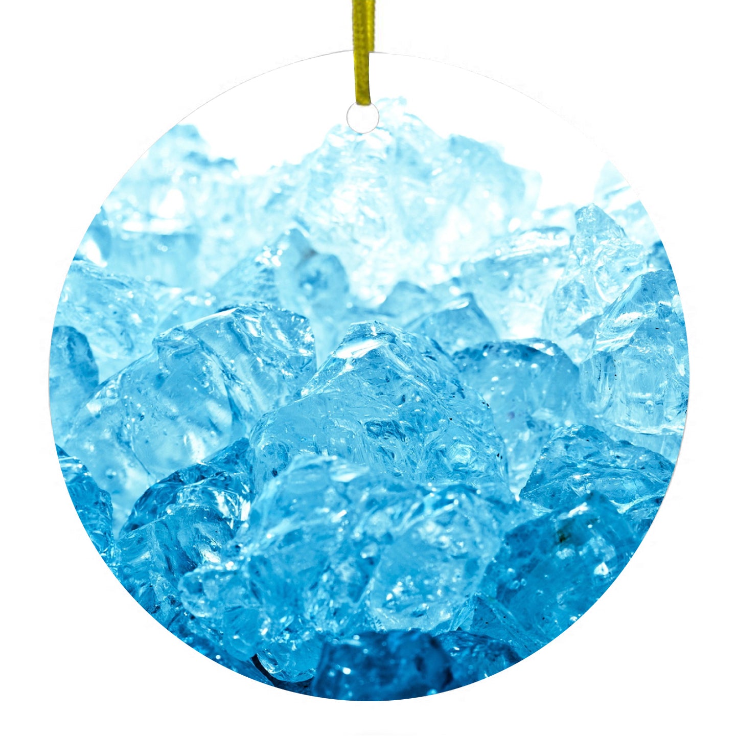 DistinctInk® Hanging Ceramic Christmas Tree Ornament with Gold String - Great Gift / Present - 2 3/4 inch Diameter - Clear Blue Ice Image Print