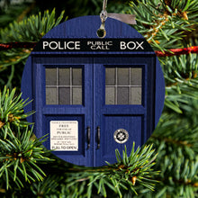 DistinctInk® Hanging Ceramic Christmas Tree Ornament with Gold String - Great Gift / Present - 2 3/4 inch Diameter - London Police Call Box TARDIS