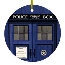 DistinctInk® Hanging Ceramic Christmas Tree Ornament with Gold String - Great Gift / Present - 2 3/4 inch Diameter - London Police Call Box TARDIS