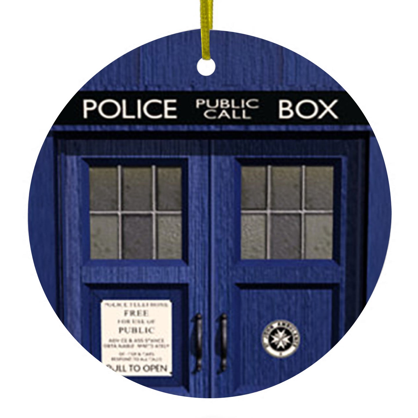 DistinctInk® Hanging Ceramic Christmas Tree Ornament with Gold String - Great Gift / Present - 2 3/4 inch Diameter - London Police Call Box TARDIS