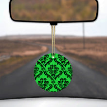 DistinctInk® Hanging Ceramic Christmas Tree Ornament with Gold String - Great Gift / Present - 2 3/4 inch Diameter - Green Black Damask Pattern