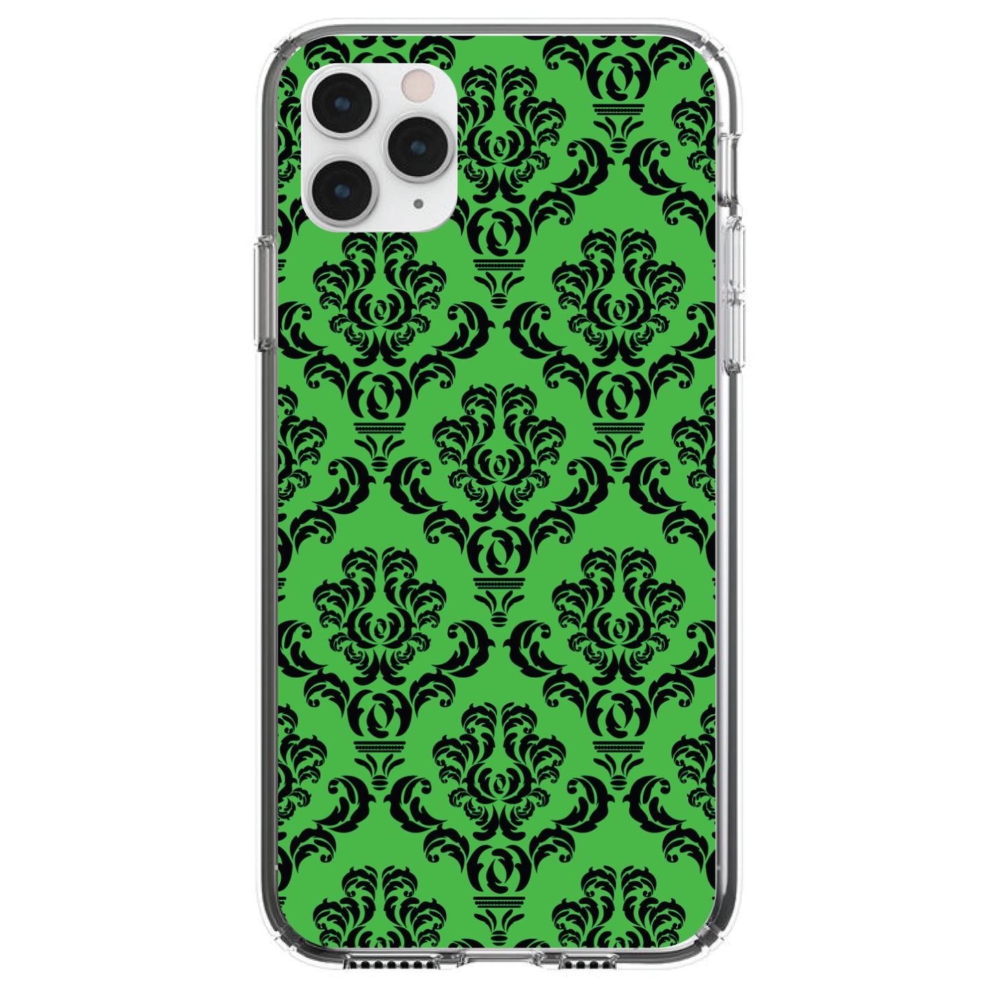 DistinctInk® Clear Shockproof Hybrid Case for Apple iPhone / Samsung Galaxy / Google Pixel - Green Black Damask Pattern