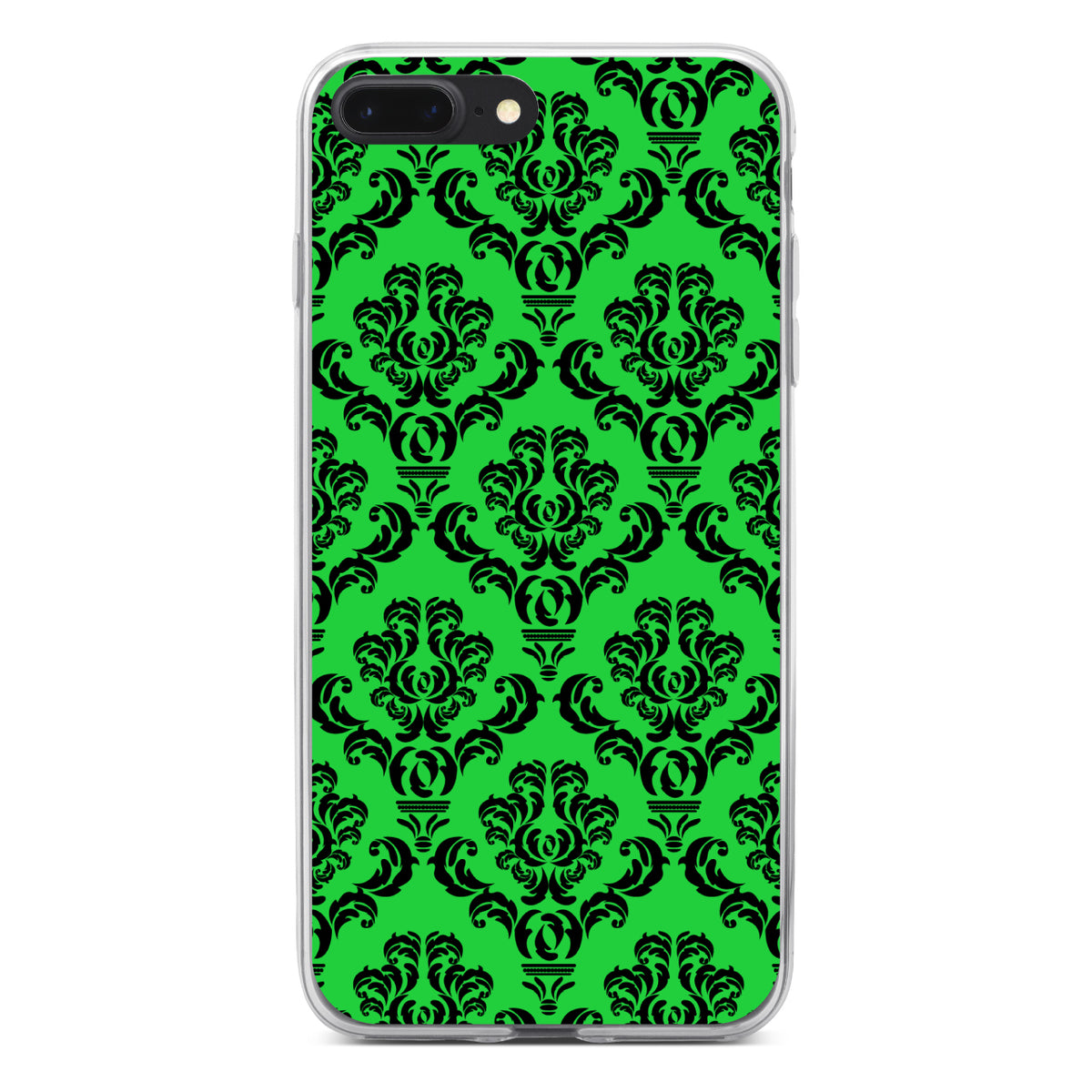 Green Black Damask Pattern Clear Shockproof iPhone Case, view 6