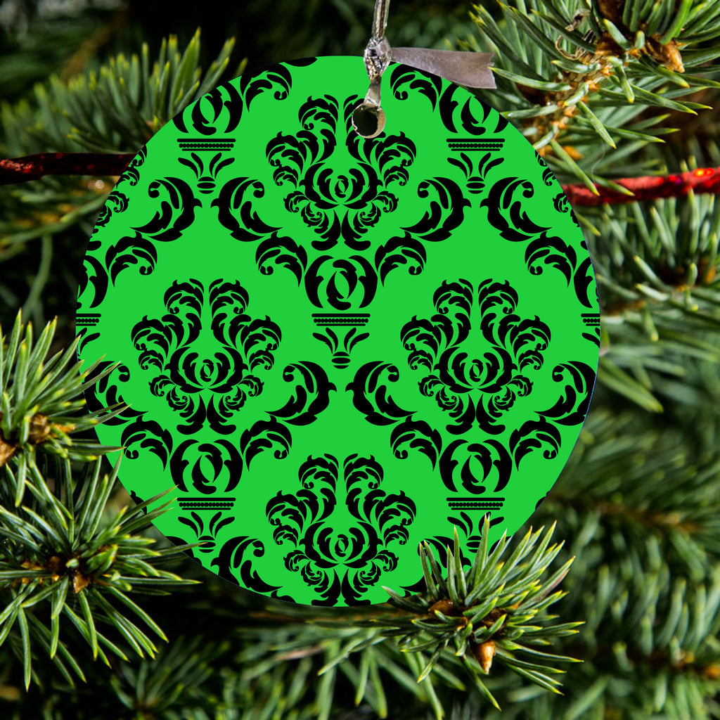 Green Black Damask Pattern Ceramic Ornament, view 2