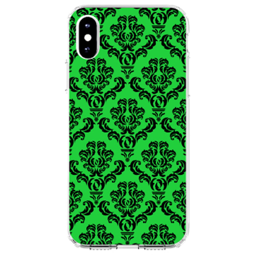 Green Black Damask Pattern Clear Shockproof iPhone Case, view 2