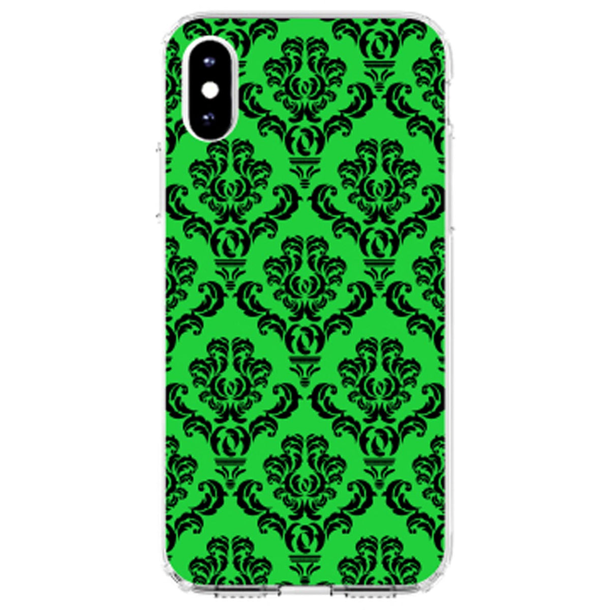 Green Black Damask Pattern Clear Shockproof iPhone Case, view 2