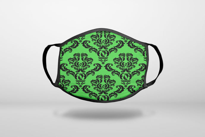 Green Black Damask Pattern - 3-Ply Reusable Soft Face Mask Covering, Unisex, Cotton Inner Layer