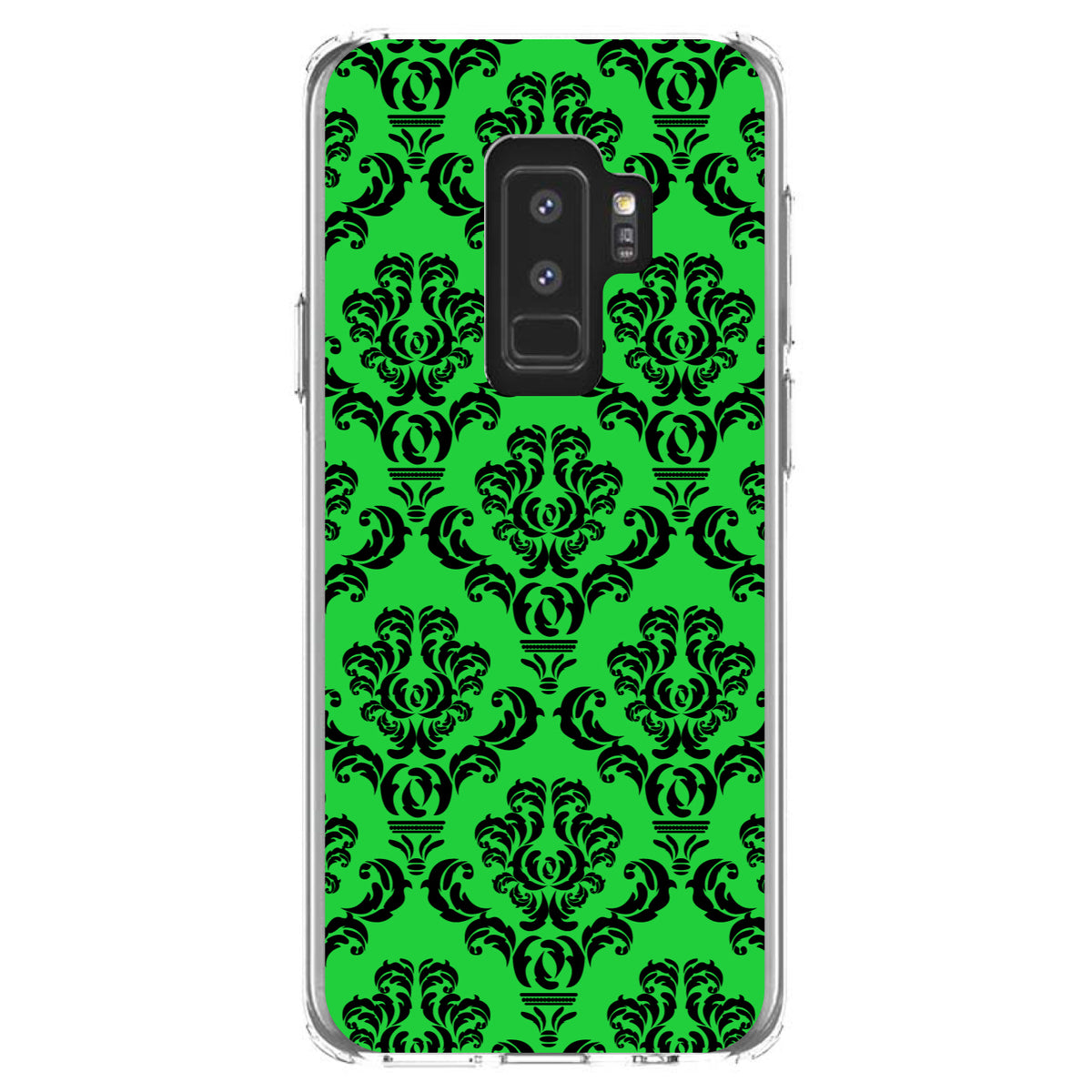 Green Black Damask Pattern Clear Shockproof iPhone Case, view 20