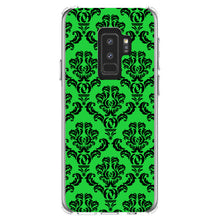 DistinctInk® Clear Shockproof Hybrid Case for Apple iPhone / Samsung Galaxy / Google Pixel - Green Black Damask Pattern