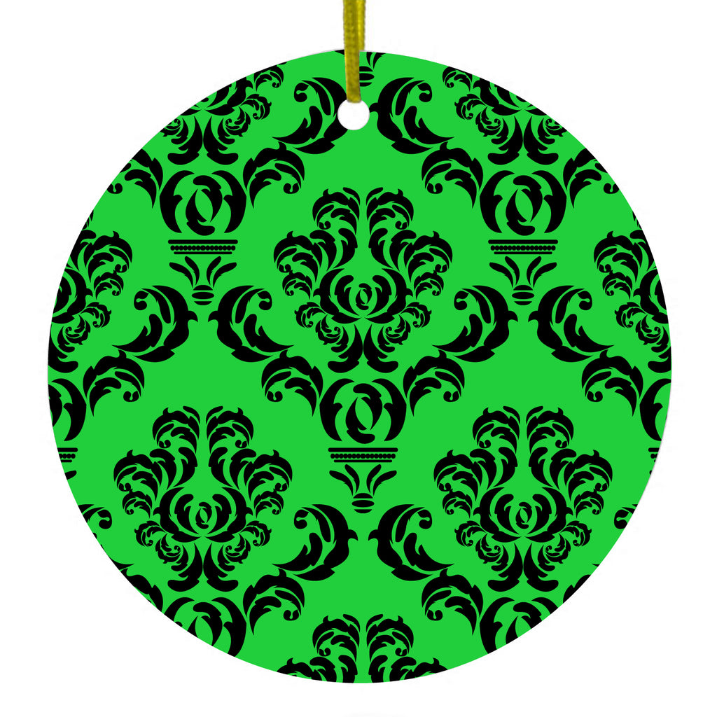 Green Black Damask Pattern Ceramic Ornament