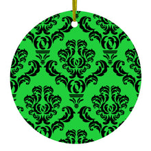 DistinctInk® Hanging Ceramic Christmas Tree Ornament with Gold String - Great Gift / Present - 2 3/4 inch Diameter - Green Black Damask Pattern