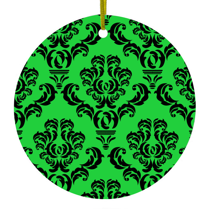 Green Black Damask Pattern Ceramic Ornament