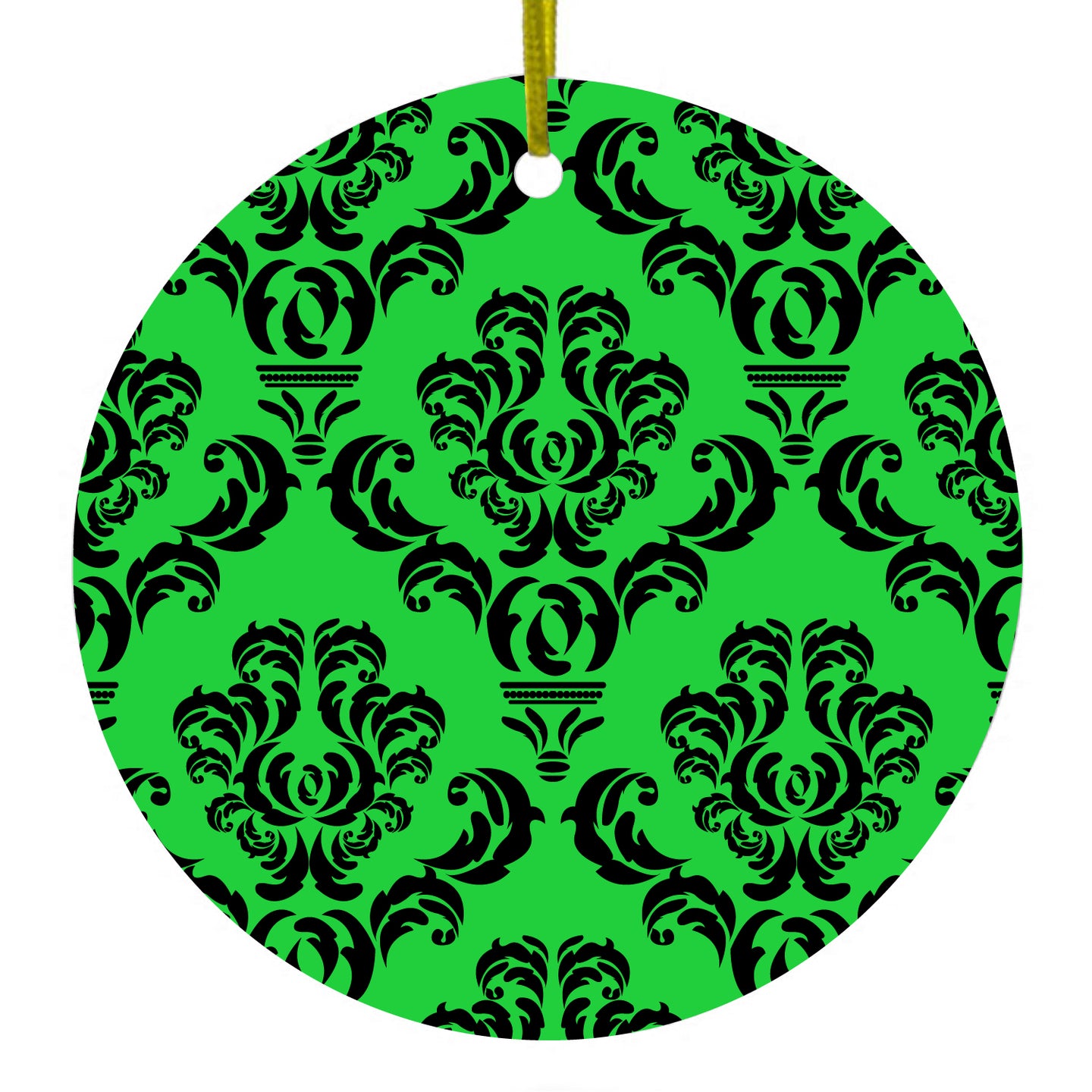 DistinctInk® Hanging Ceramic Christmas Tree Ornament with Gold String - Great Gift / Present - 2 3/4 inch Diameter - Green Black Damask Pattern