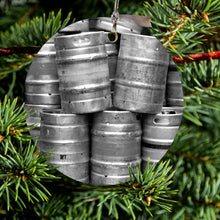 DistinctInk® Hanging Ceramic Christmas Tree Ornament with Gold String - Great Gift / Present - 2 3/4 inch Diameter - Beer Kegs